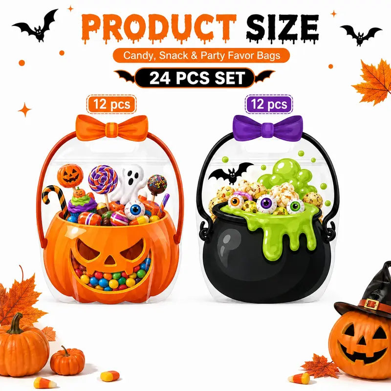 Halloween Goodie Bags Plastic Candy Bag Trick or Treat Bags with Cauldron Skeleton black Cat Skull Pumpkin Design