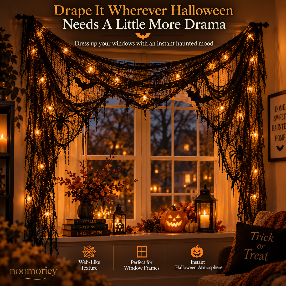 🎃 Halloween Creepy Cloth – Black Gauze Spiderweb Draping for Doorways, Stairs & Party Décor