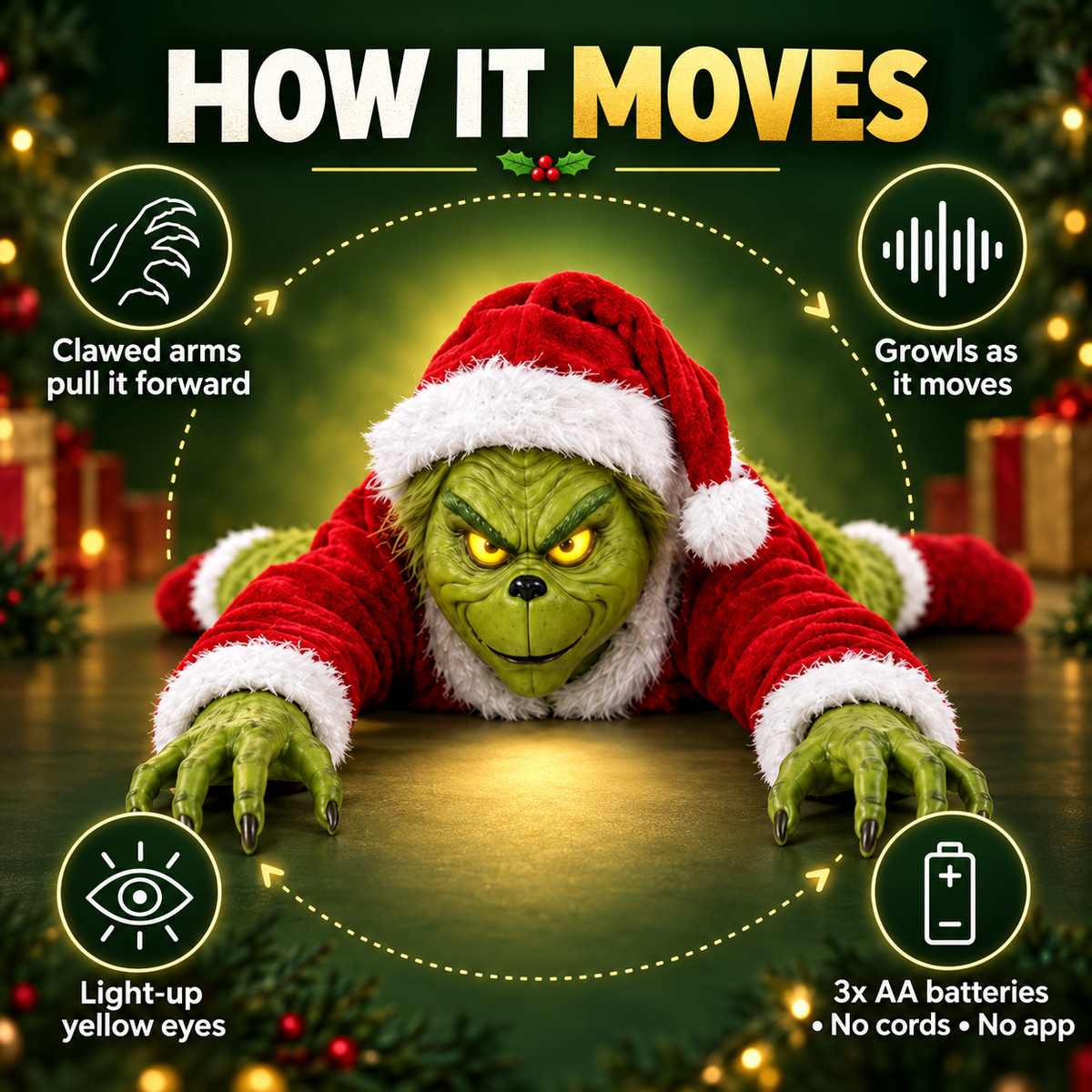 🎄 Crawling Christmas Monster – Animated Growling Holiday Prank Toy with Glowing Eyes