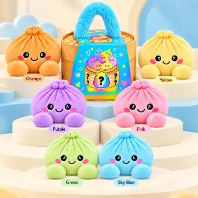Cute Plush Stuffed Dumpling Squishies with Bamboo-Style Steamer Basket
