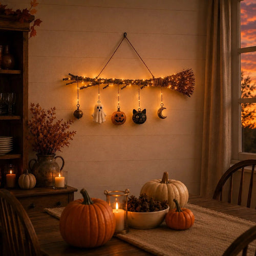 🍂 Rustic Twig Lighted Broom | Handcrafted Fall Wall Hanging with Warm LED Glow & Spooky-Cute Charms 🏡
