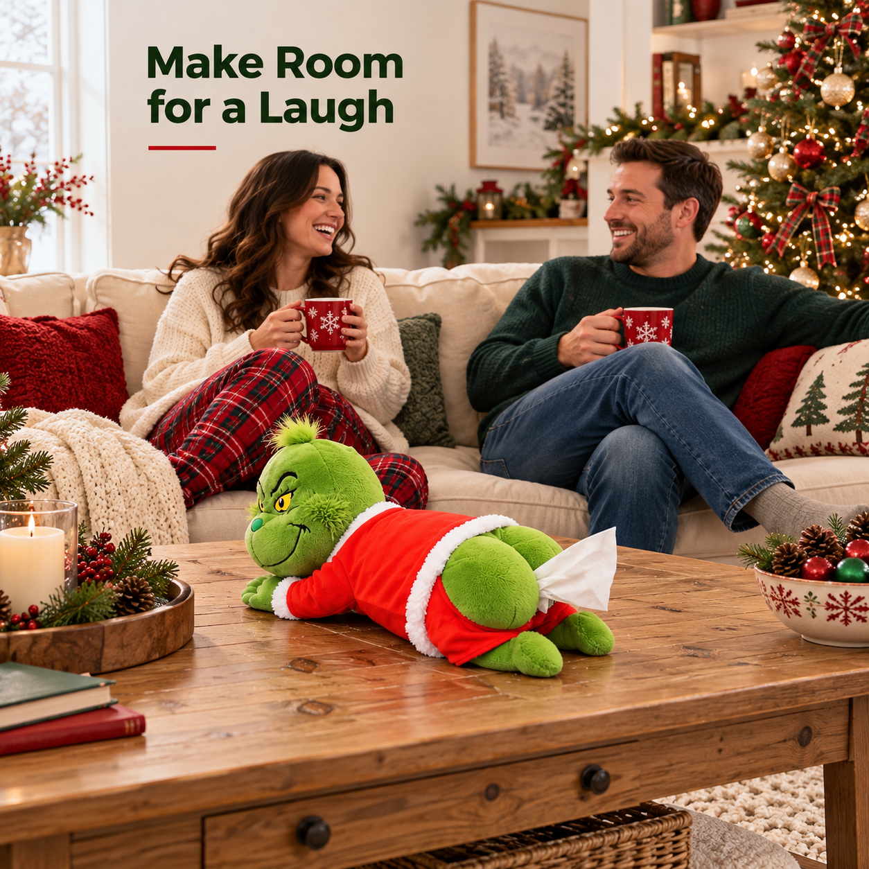 Green plush tissue holder styled for a Christmas home