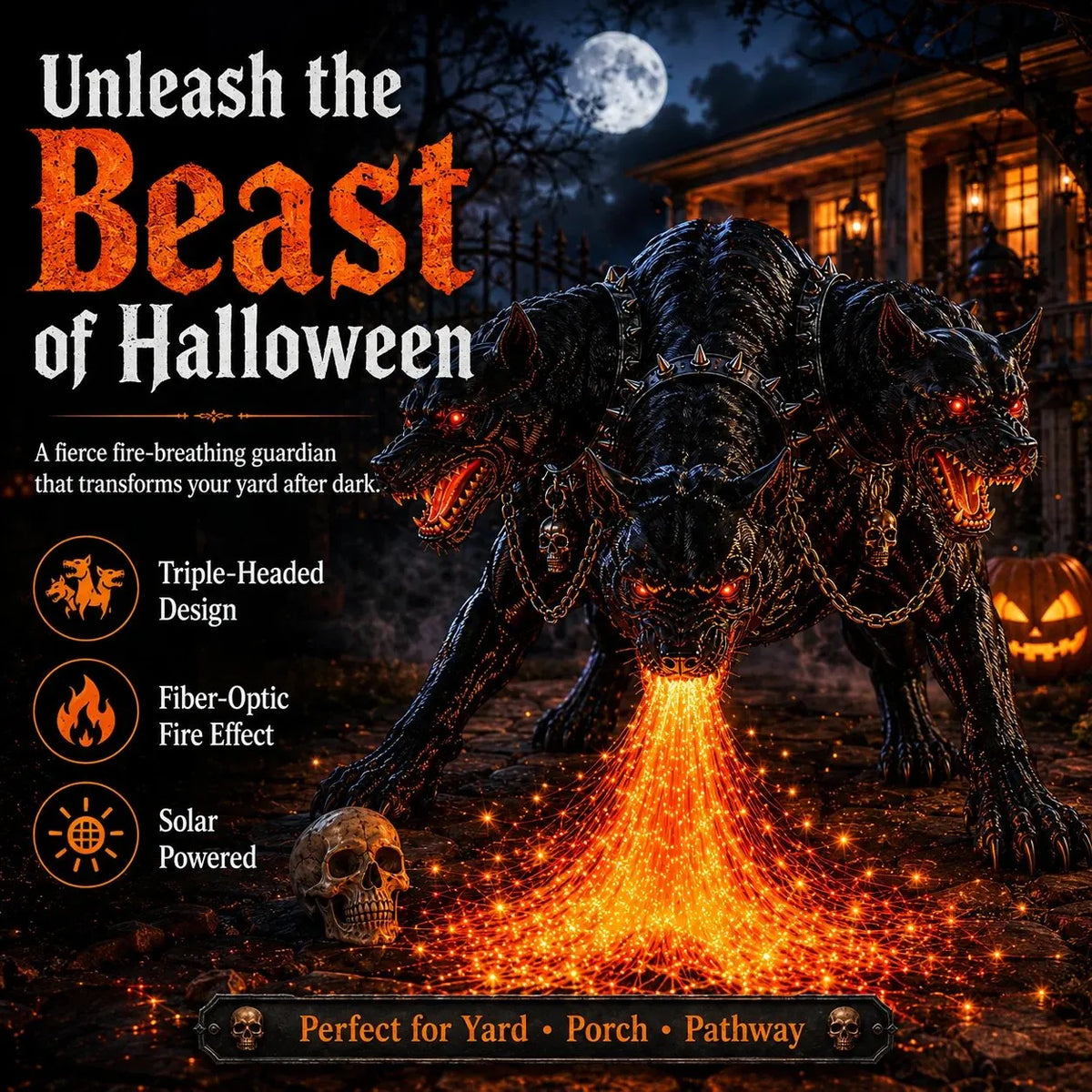 🔥 3-Headed Hellhound Halloween Light – Solar Fire-Breathing Yard Monster CUSBBY