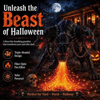🔥 3-Headed Hellhound Halloween Light – Solar Fire-Breathing Yard Monster CUSBBY