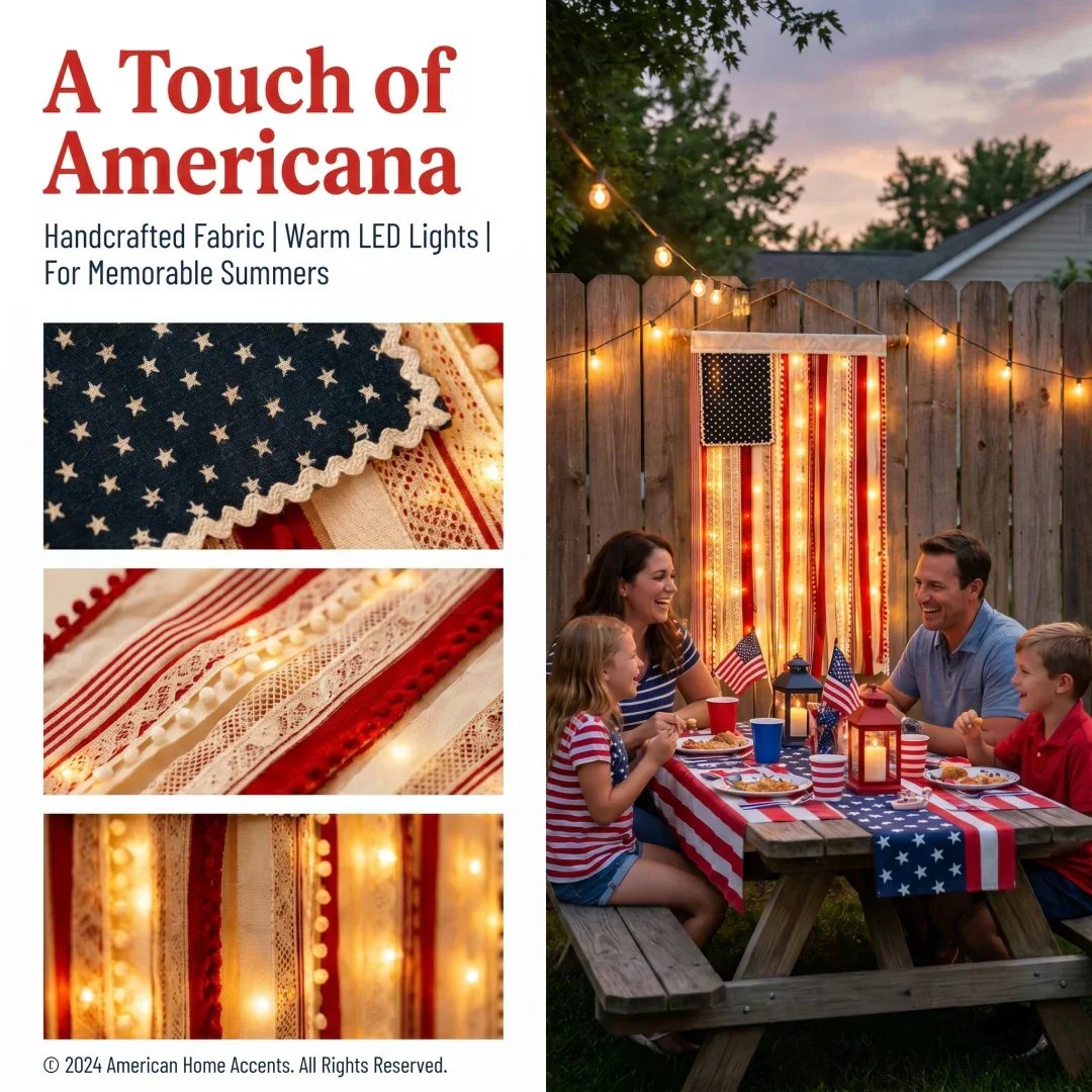 Handcrafted Lighted Rag American Flag Banner | 8 LED Modes | July 4th Patriotic Décor
