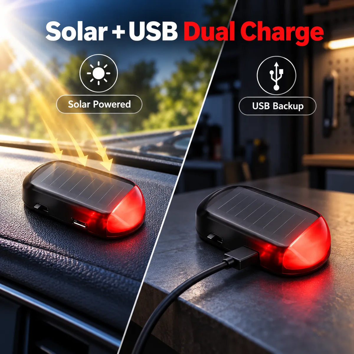 🚗 Solar Car Security Warning Light – Auto-Sensing 5-Second Flash LED with USB Backup Charging