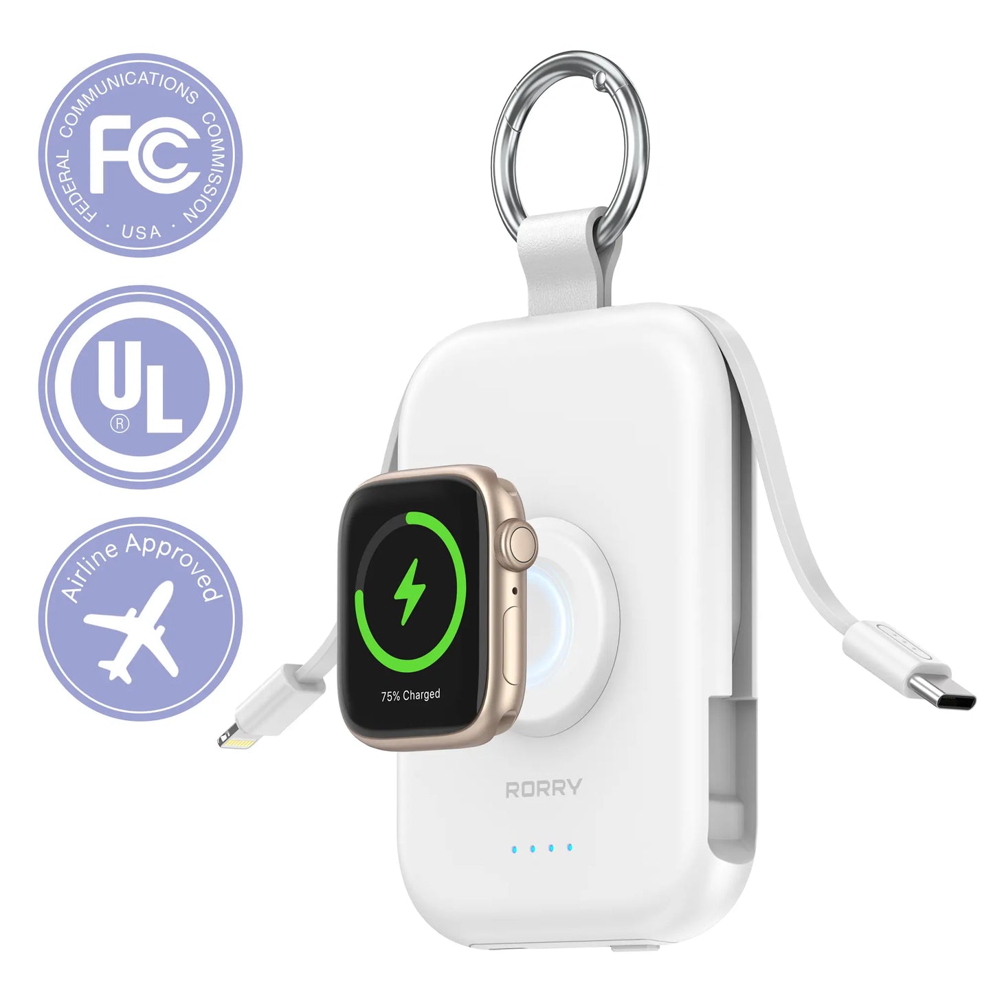 Mini Keychain Power Bank with Built-In Cable, Watch Charger & LED Flashlight