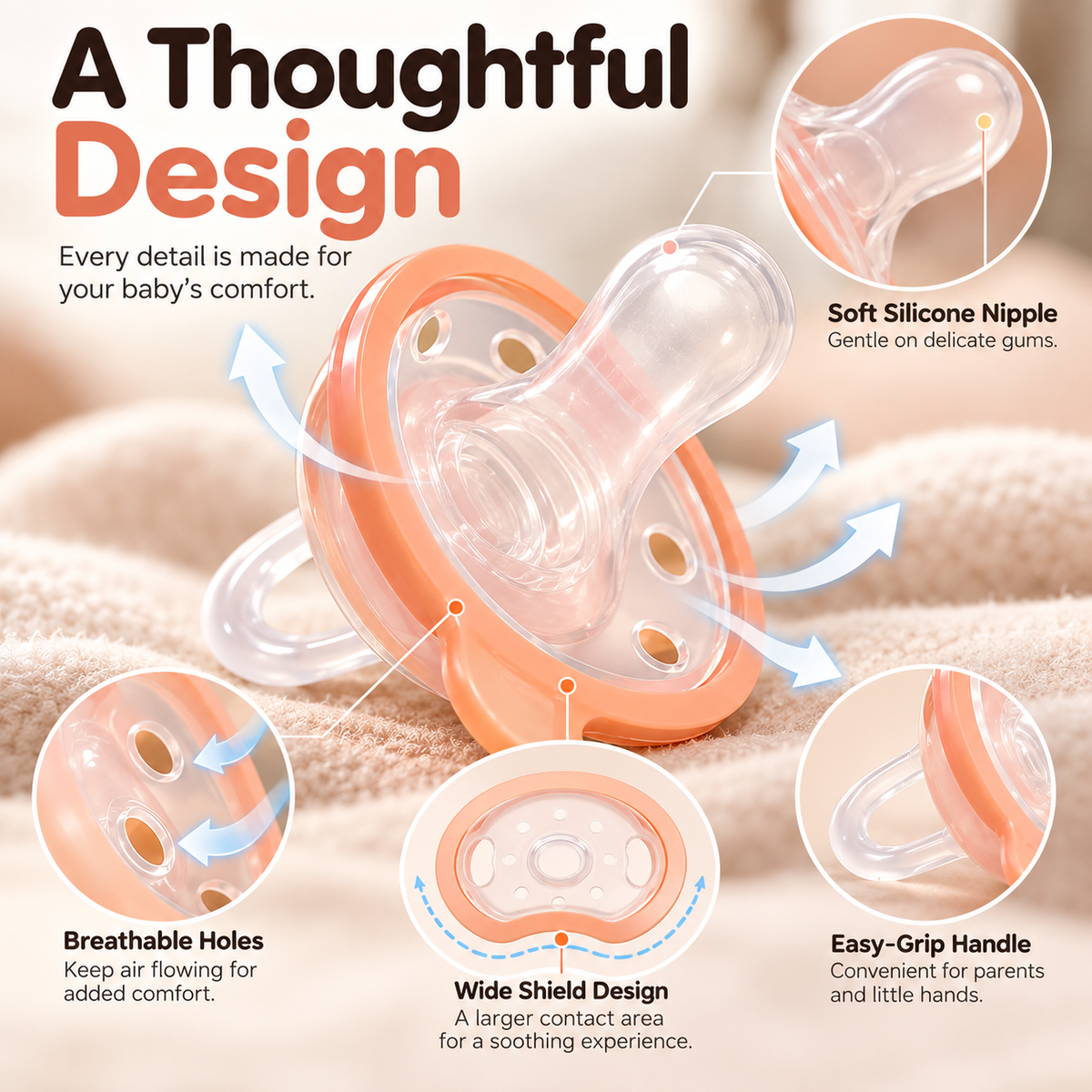 🍼 Breast-Like Silicone Baby Pacifier – Soft, Flexible Soothing Design for Breastfed Babies