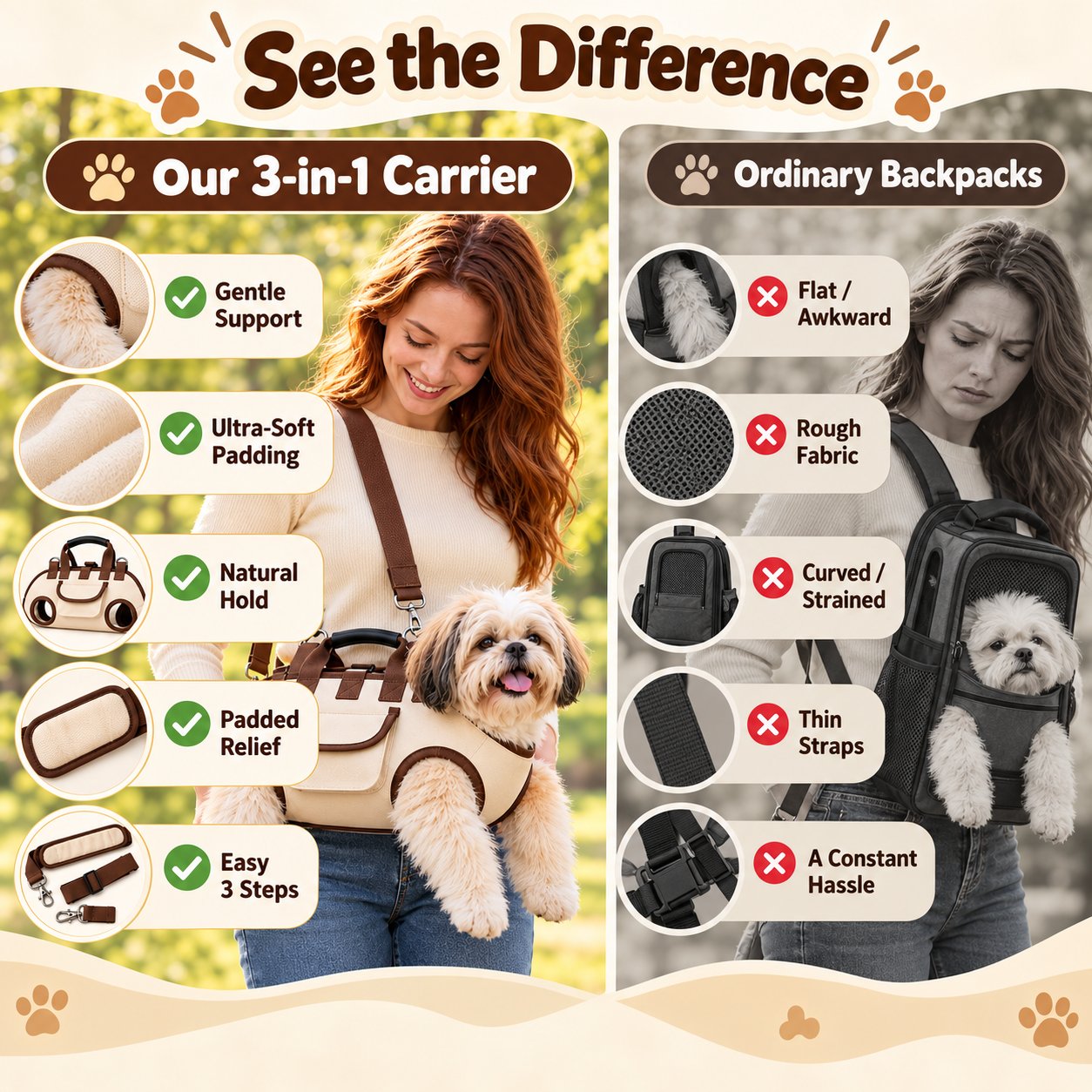 Comparison of padded pet sling carrier and conventional pet backpack