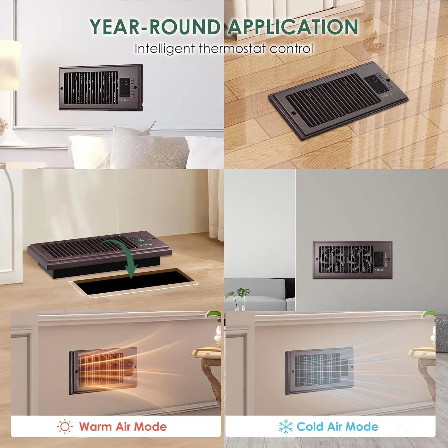 Smart Register Vent Fan with Heating & Cooling Modes, Quiet 18DB Floor Vent Booster Fan with Remote Control, Built-in Ionizer Digital Temperature Display for Home HVAC Vents
