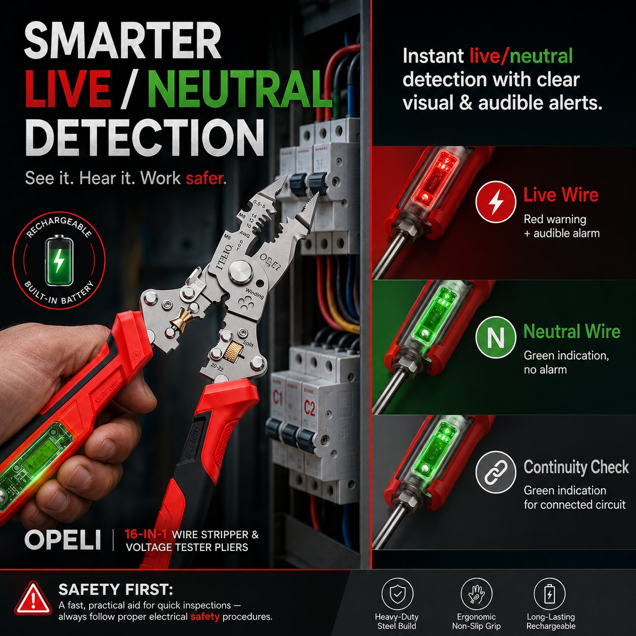 ⚡ 16-in-1 Electrical Pliers with Voltage Tester - Heavy-Duty Wire Stripper for Pros & DIYers!
