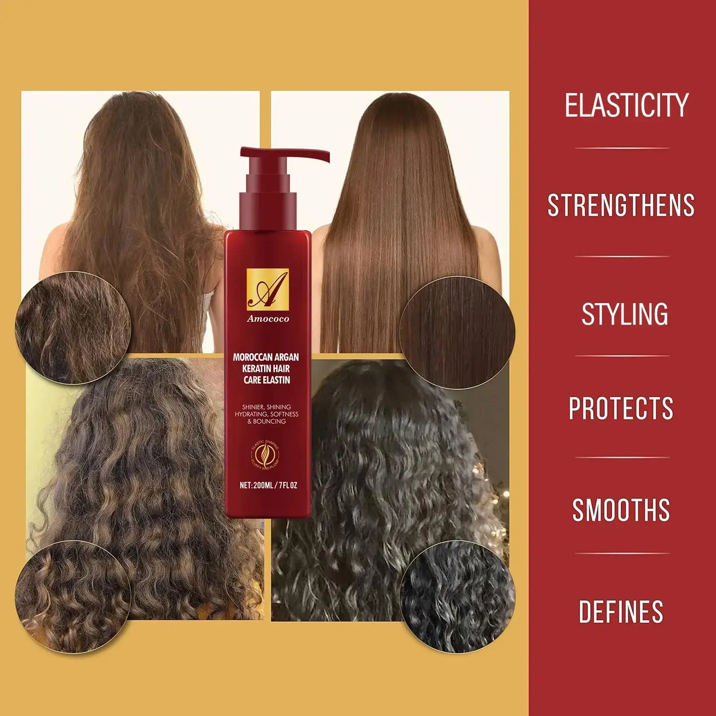 Moroccan Argan Keratin Hair Care Elastin 200ml - Deep Moisturizing & Shaping Formula for Curly Hair, Prevents Frizz, Repairs Dryness