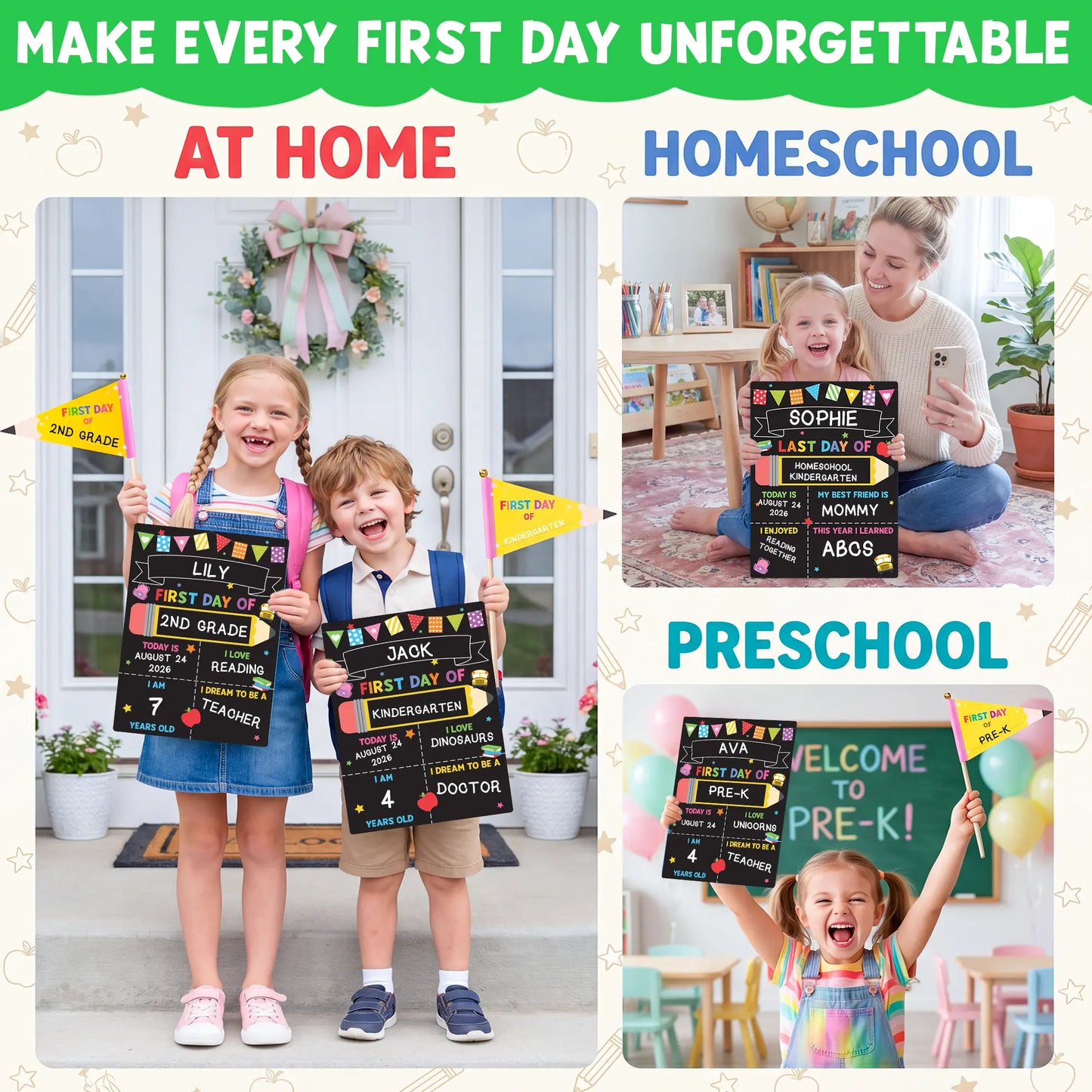 First Day of School Sign Board with Chalk Marker and Flag