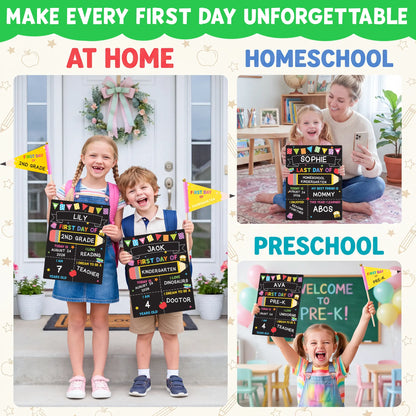 First Day of School Sign Board with Chalk Marker and Flag