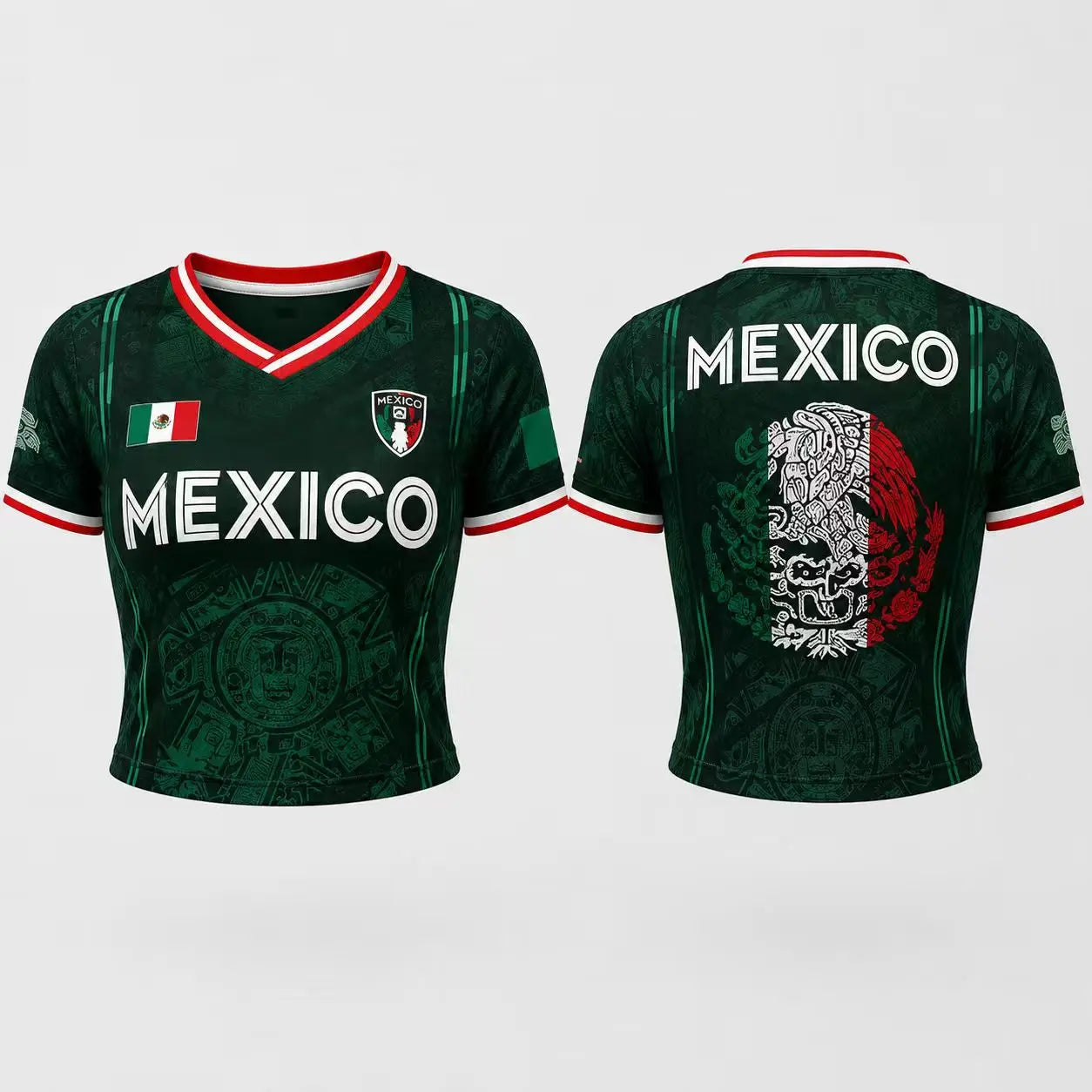 Women's Green V-Neck Football Jersey - Aztec Calendar Pattern Short-Sleeved Fan Top for 5th May Holiday Season
