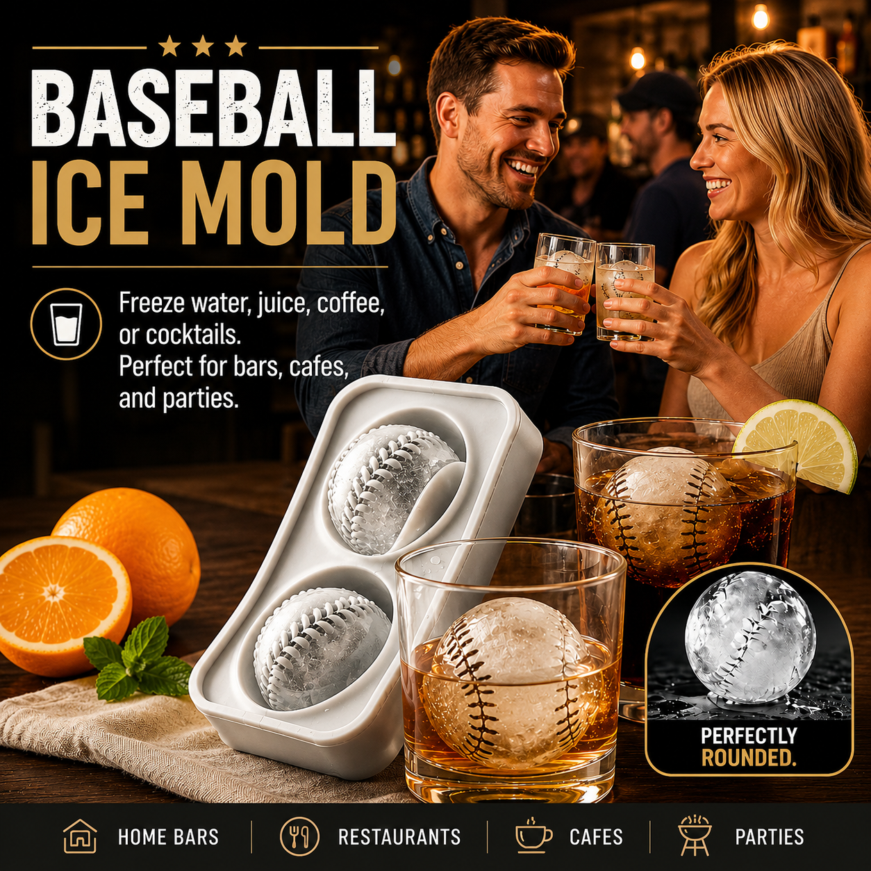 Baseball Ice Mold – Slow‐Melting Silicone Sphere Tray for Whiskey, Cocktails & More ⚾🧊