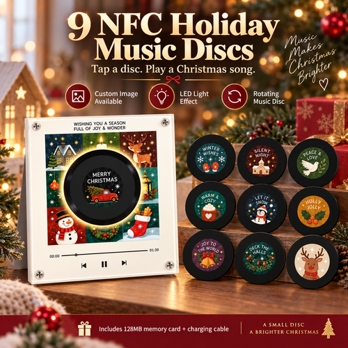 🎄🎵Christmas NFC Music Player – Turn Your Fridge Into a Holiday Jukebox. with 9 Vinyl Style Discs and USB C