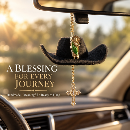 St. Jude Car Blessing Charm – Handmade Protection Ornament with Black Sombrero | Car Trinket & Decoration Gift