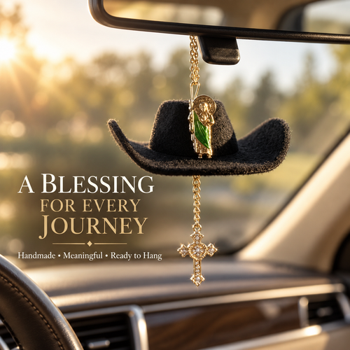 St. Jude Car Blessing Charm – Handmade Protection Ornament with Black Sombrero | Car Trinket & Decoration Gift