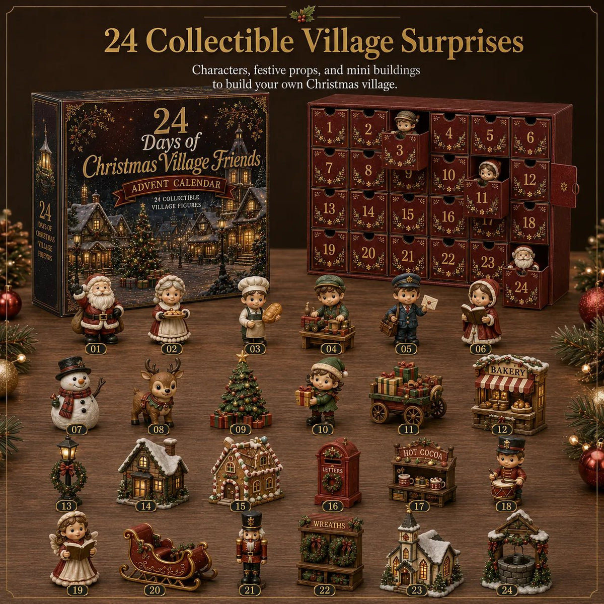 ✨🎄24 Days Of Christmas Village Friends Advent Calendar | 24 Unique Miniature Characters, Shops & Holiday Collectibles for a Complete Festive Village