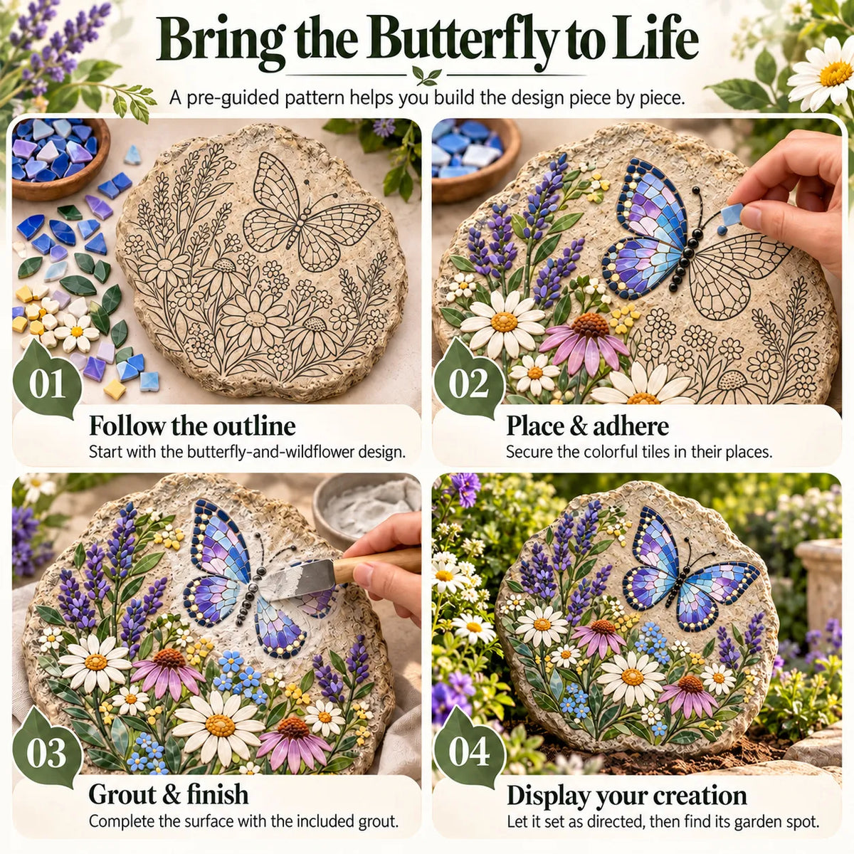 ⏳ Last Day 49% OFF – 🦋 Beginner-Friendly Butterfly Wildflower Mosaic DIY Kit | Complete Kit with Pre-Cut Tiles, Adhesive, Grout, Tools & Guide 🌼