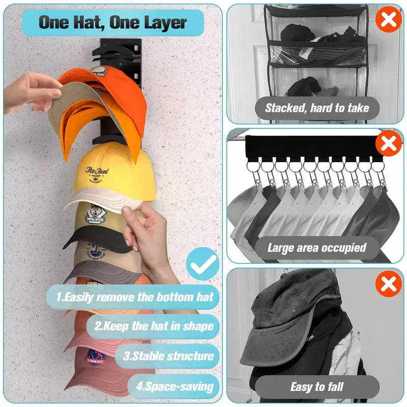 【SummerVibes】2 Hat Organizer Wall Mounted Baseball Cap Rack Black or White Adhesive Mount Holds 18 Hats for Closet Door Bedroom Easy Access Display Installation
