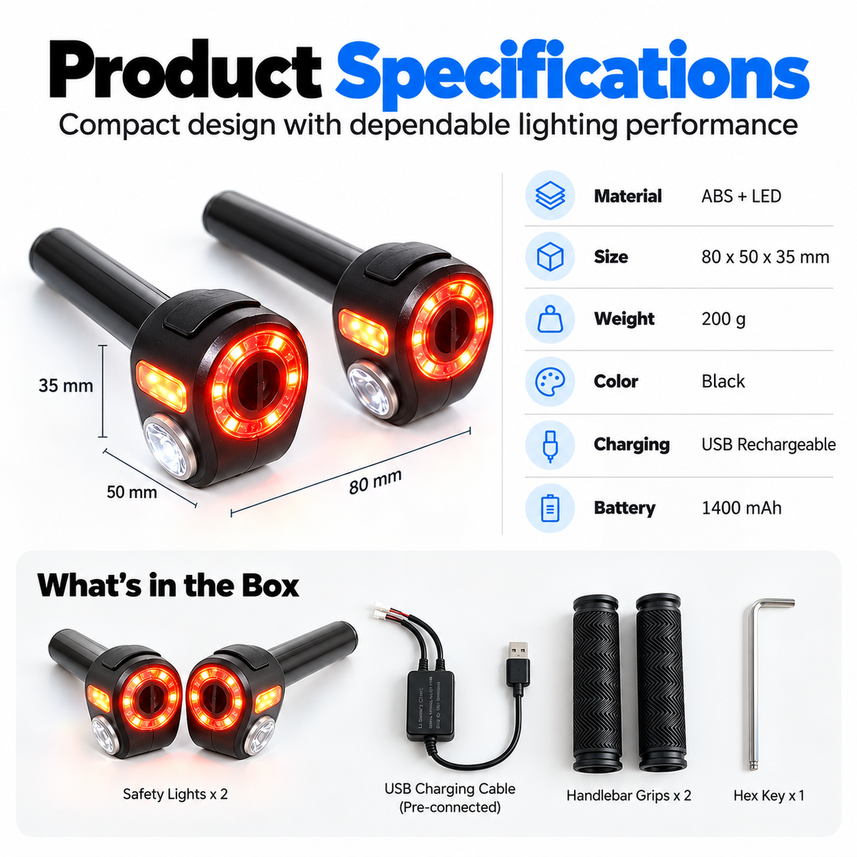 🚴Bike Bar-End Safety Lights (Pair) | USB Rechargeable, Front & Rear Visibility, Hidden Mount