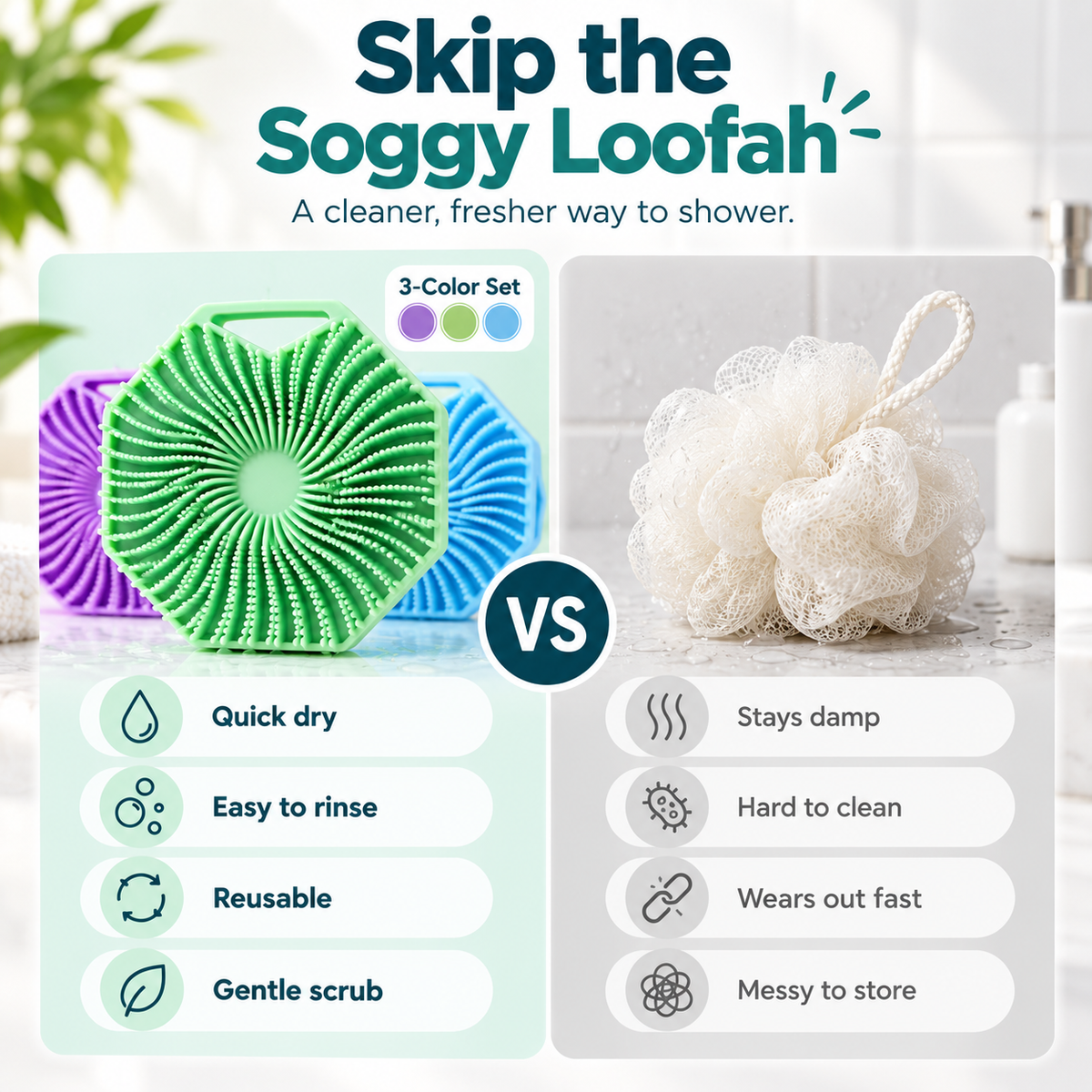 🚿 Ditch the Soggy Loofah – 3-Pack Silicone Scrubber Set 49% OFF