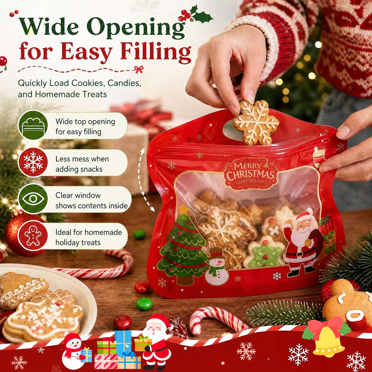 🎅LAST DAY SALE 60% OFF!!🎁Easy Fill, Easy Seal🎄 Festive Self-Seal Treat Bags – Santa & Snowman Print | Resealable, Food-Safe & Perfect for Cookies, Chocolates & Little Gifts⛄