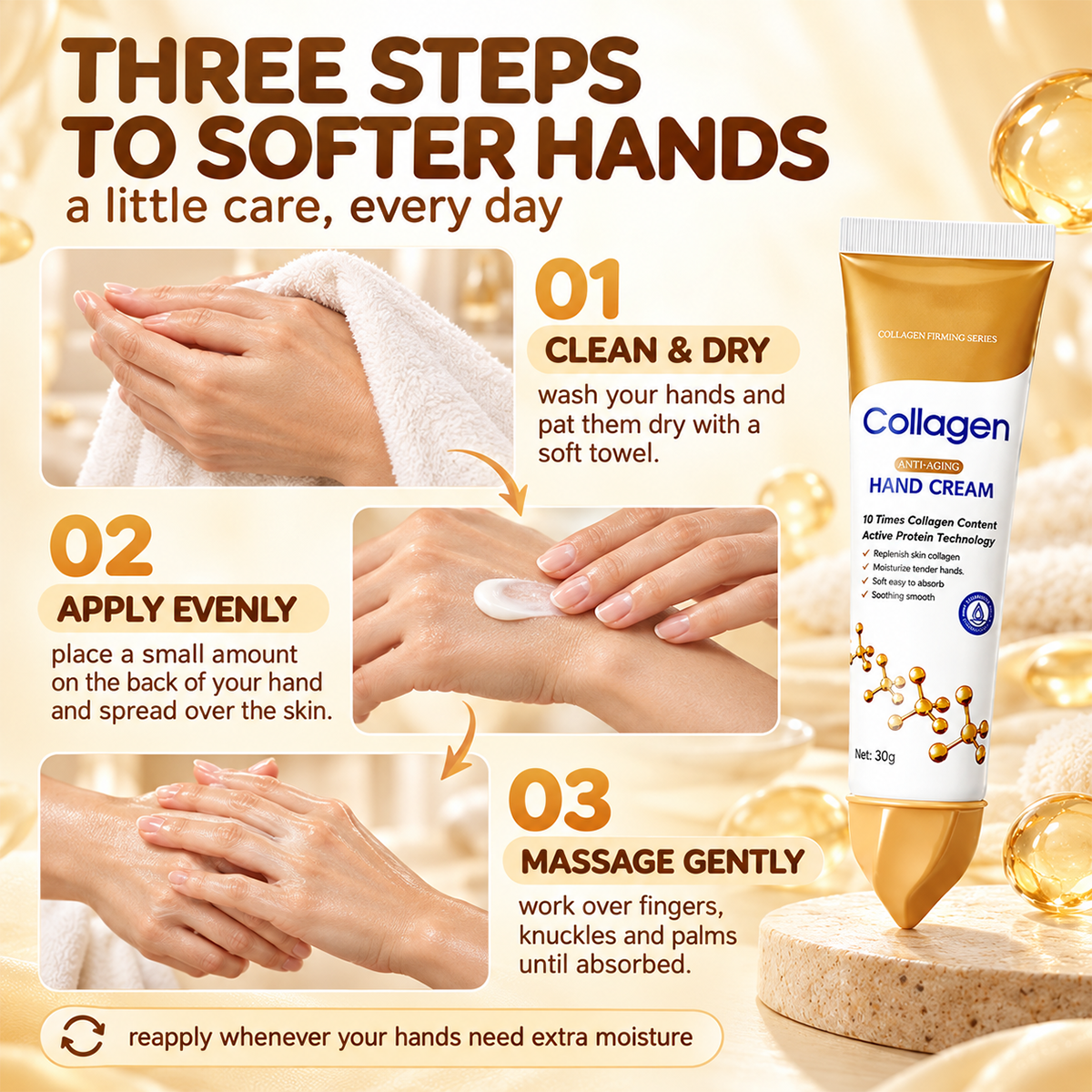 Three-step hand cream routine showing clean hands, cream application and gentle massage