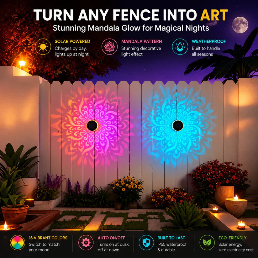 Solar Mandala Wall Light Projector, 16 Color Changing Outdoor Solar Light, Waterproof LED Decorative Light for Patio, Fence, Garden Yard