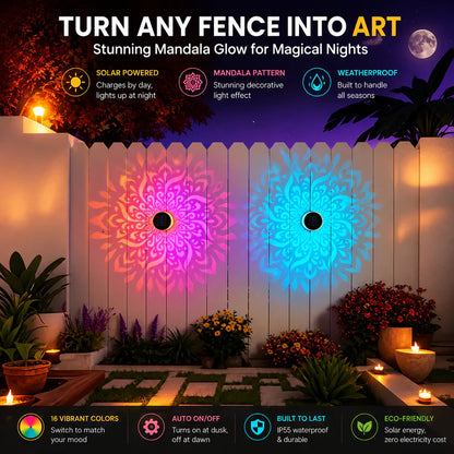 Solar Mandala Wall Light Projector, 16 Color Changing Outdoor Solar Light, Waterproof LED Decorative Light for Patio, Fence, Garden Yard