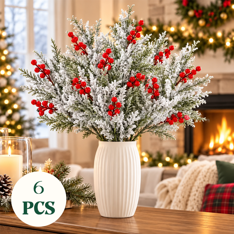 Frosted Pine and Red Berry Christmas Sprigs