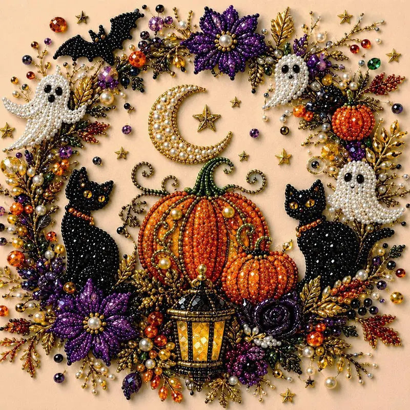 Diamond Art Kit for Beginners, DIY Halloween Witch on Moon Bead Painting, Sparkling Pearl-Style Craft Set