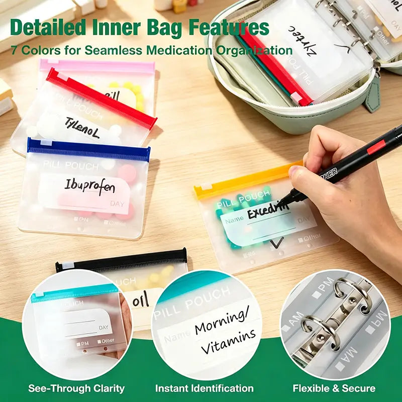 🔥49% OFF Waterproof A8 Pill Pouch Set, 14 Reusable Zippered Pill Bags, 7–14 Day Medication Organizer with Color-Coded Labels for Vitamins & Fish Oils