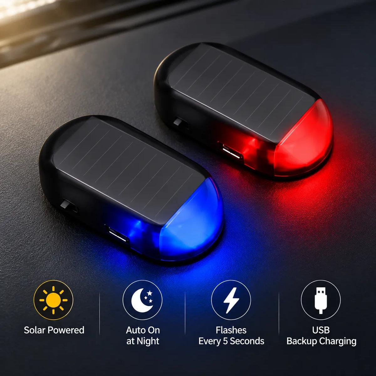🚗 Solar Car Security Warning Light – Auto-Sensing 5-Second Flash LED with USB Backup Charging