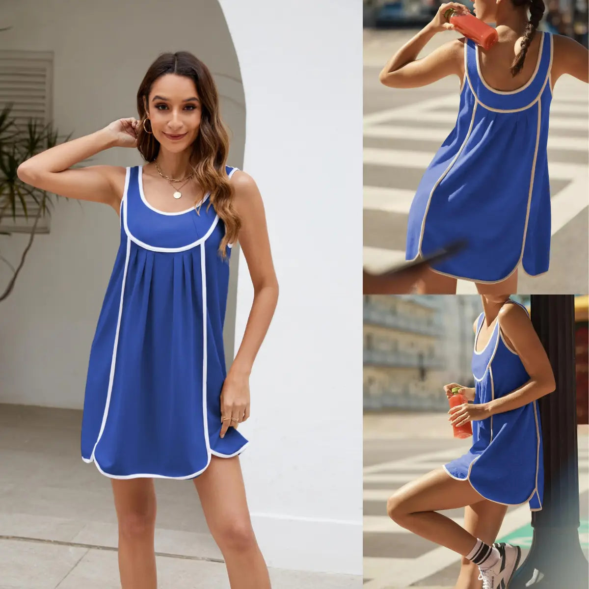 Women's Contrast Trim Sleeveless Swing Dress, Casual Loose Fit Crew Neck Mini Dress, Summer A-Line Tunic Dress for Beach & Daily Wear, Sizes XS-XXXL