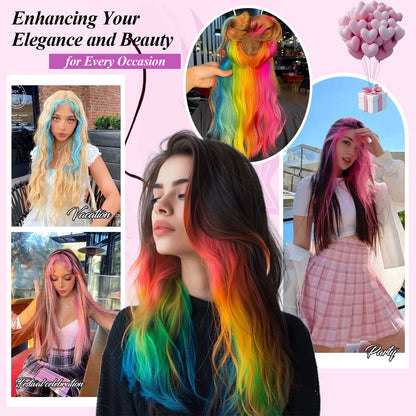 2 PCS Colored Hair Extensions 20Inch Straight Color Clip in Hair Extension Rainbow Party Highlights Synthetic Hairpiece