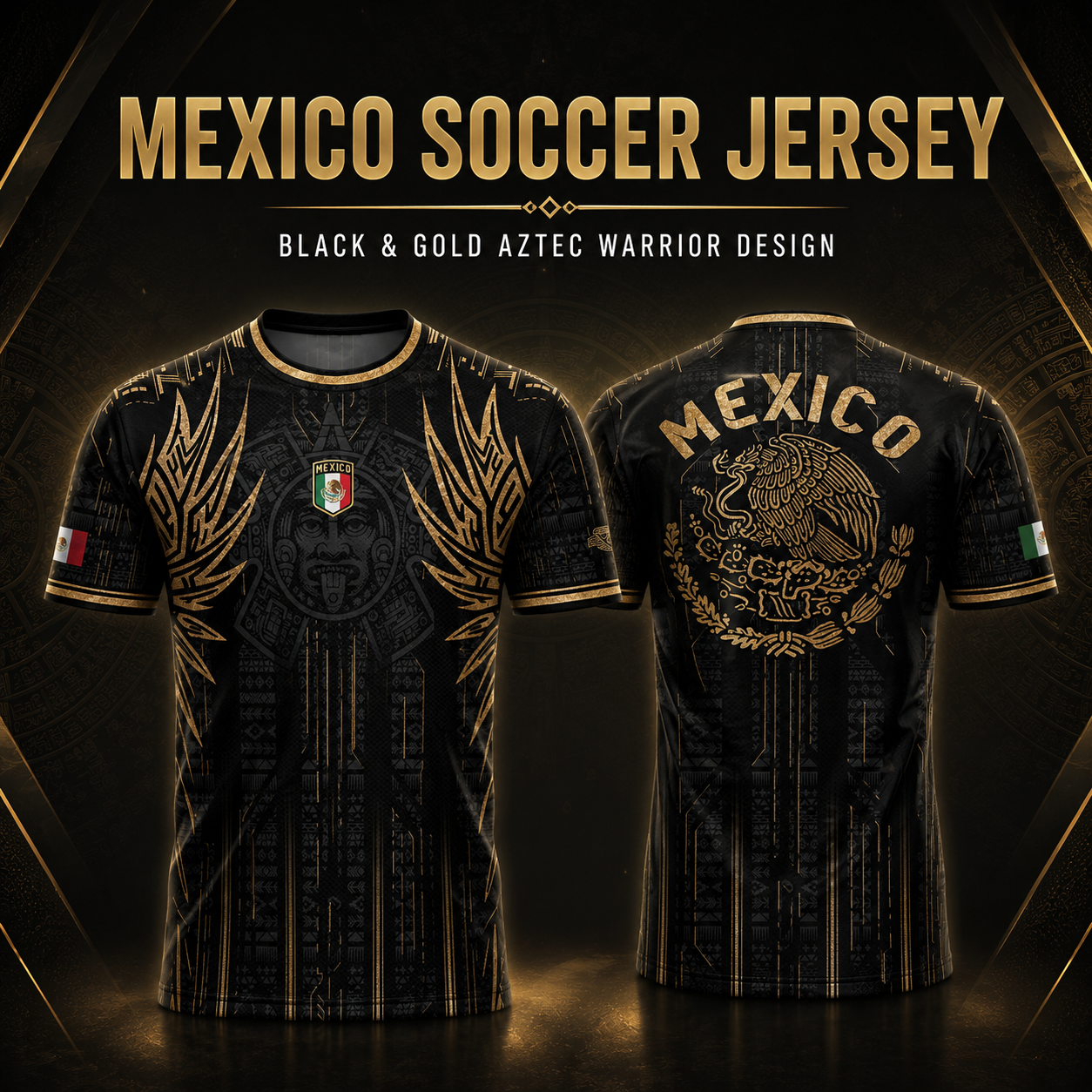 Mexico Soccer Jersey Black Aztec Warrior Gold Feather Design