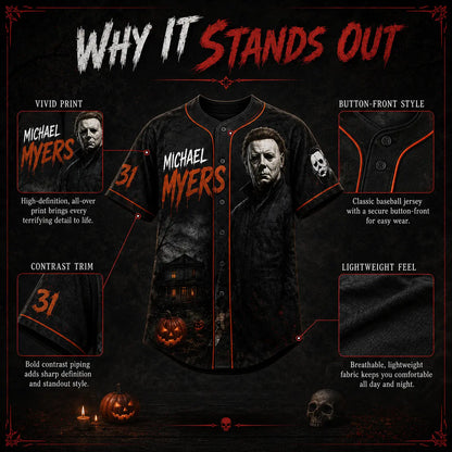 Horror Slasher Baseball Jersey, Classic Horror Movie Characters Shirt, Spooky Squad Halloween Uniform, Halloween party costumes, Halloween Gifts