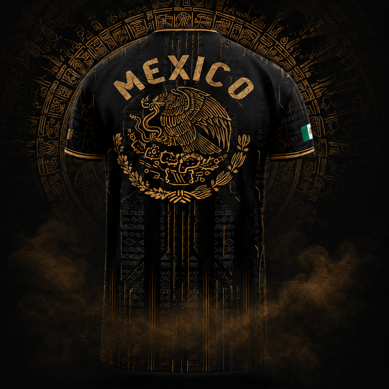 Mexico Soccer Jersey Black Aztec Warrior Gold Feather Design
