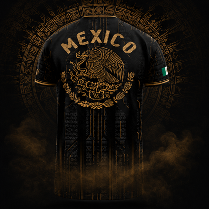 Mexico Soccer Jersey Black Aztec Warrior Gold Feather Design