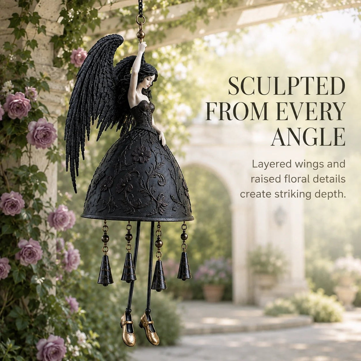 🖤 Dark Angel Gothic Wind Chime | Dramatic Black-Wing Garden Accent with Gentle Chimes for Porches, Patios, Balconies & Year-Round Gothic Décor 🪽