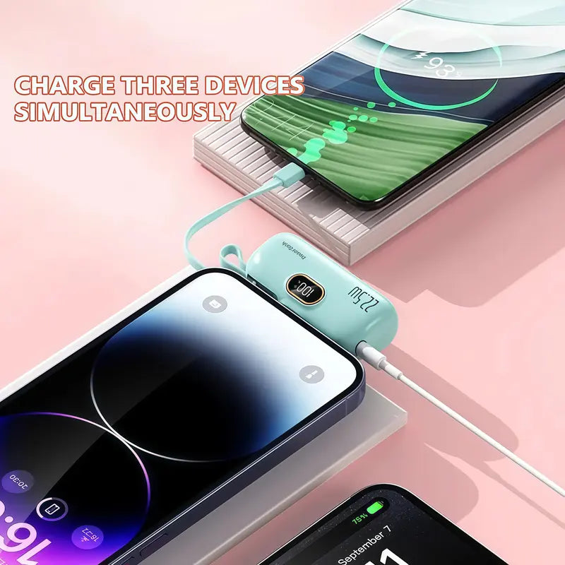5000mAh Mini Portable Charger with 22.5W Output, Features Two USB Ports (Type-C & USB-A) and Digital Power Display