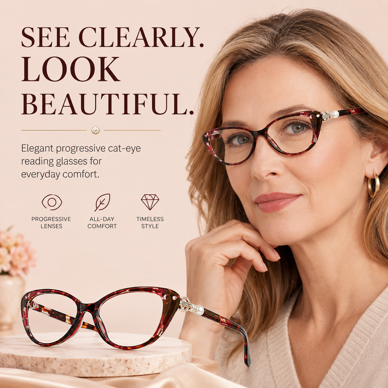 CAT EYE WITH PEARL HINGE PROGRESSIVE MULTIFOCAL READING GLASSES