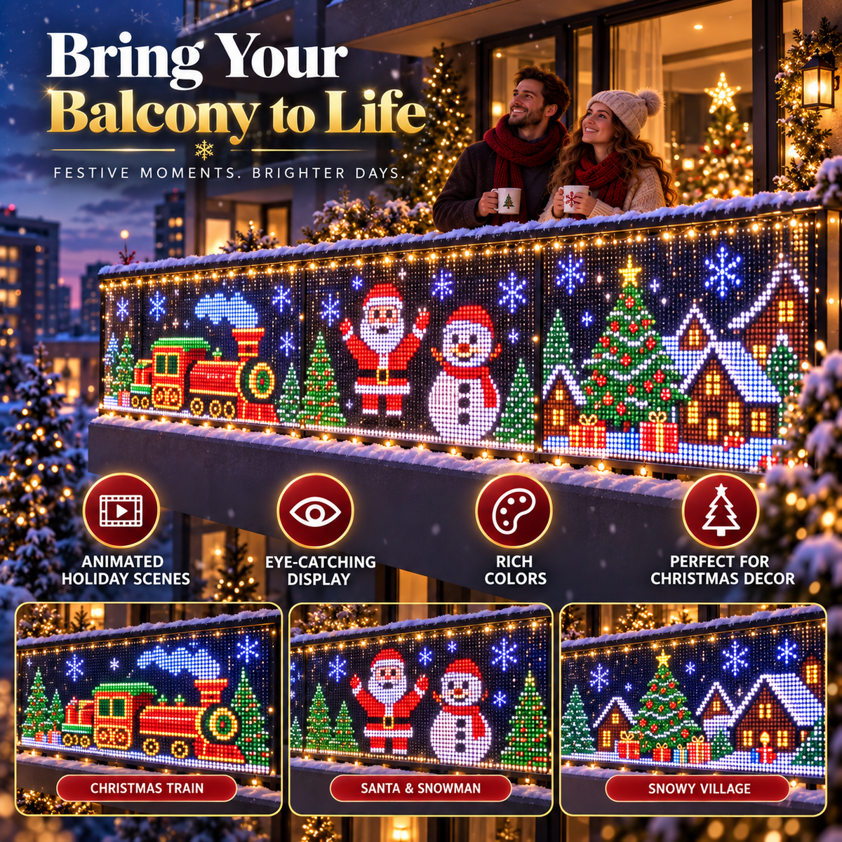 🎄 Smart RGB Pixel Curtain Lights – App-Controlled Animated Holiday Display for Balcony & Window Decor-2m*2m
