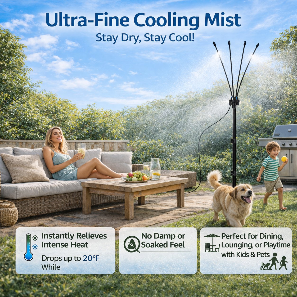 🌡 Portable Misting System: Drop your patio temperature by 20°F instantly without using a single watt of electricity. 🌬️