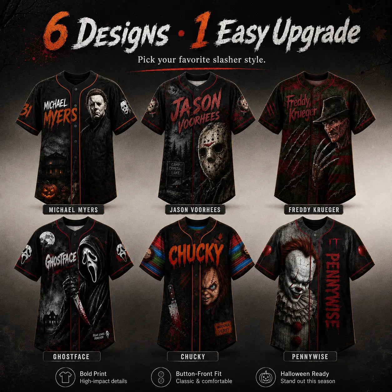 Horror Slasher Baseball Jersey, Classic Horror Movie Characters Shirt, Spooky Squad Halloween Uniform, Halloween party costumes, Halloween Gifts
