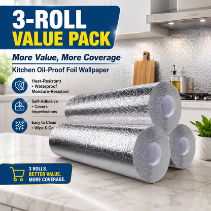 🔥50% OFF – Stainless Steel Oil-Proof Adhesive Wallpaper Roll for Kitchen Countertops, Cabinets & Backsplash