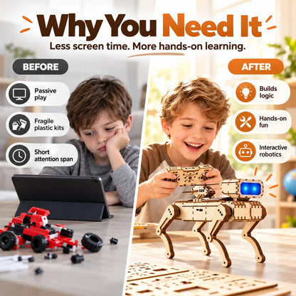 🤖 Wooden Smart Robot Dog [Voice & Remote Control] - STEM Building Kit for Kids!